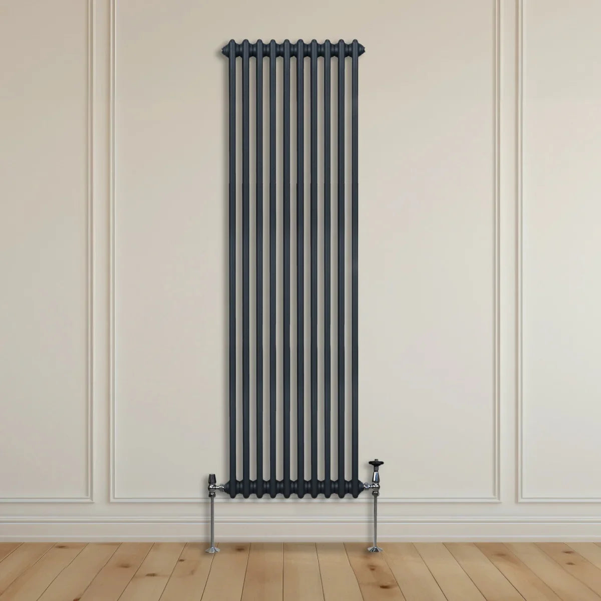 Traditional anthracite grey 2 column radiator, 1800 x 472mm, featuring a sleek vertical design with polished metal fittings against a light wall