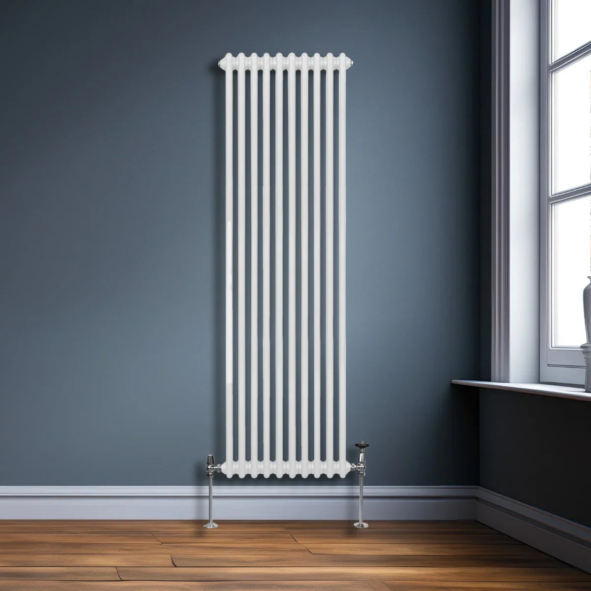 Traditional 2 column radiator in white, 1800 x 472mm, featuring vertical stripes and a sleek design against a dark wall