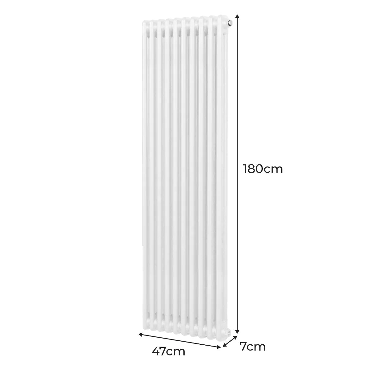 Traditional 2 column radiator in white, measuring 1800 x 472mm, featuring a sleek vertical design with smooth, glossy finish