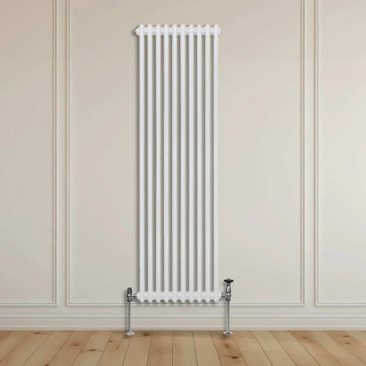 Traditional 2 column radiator in white, 1800 x 472mm, featuring a sleek vertical design with chrome valves against a light wall and wooden floor