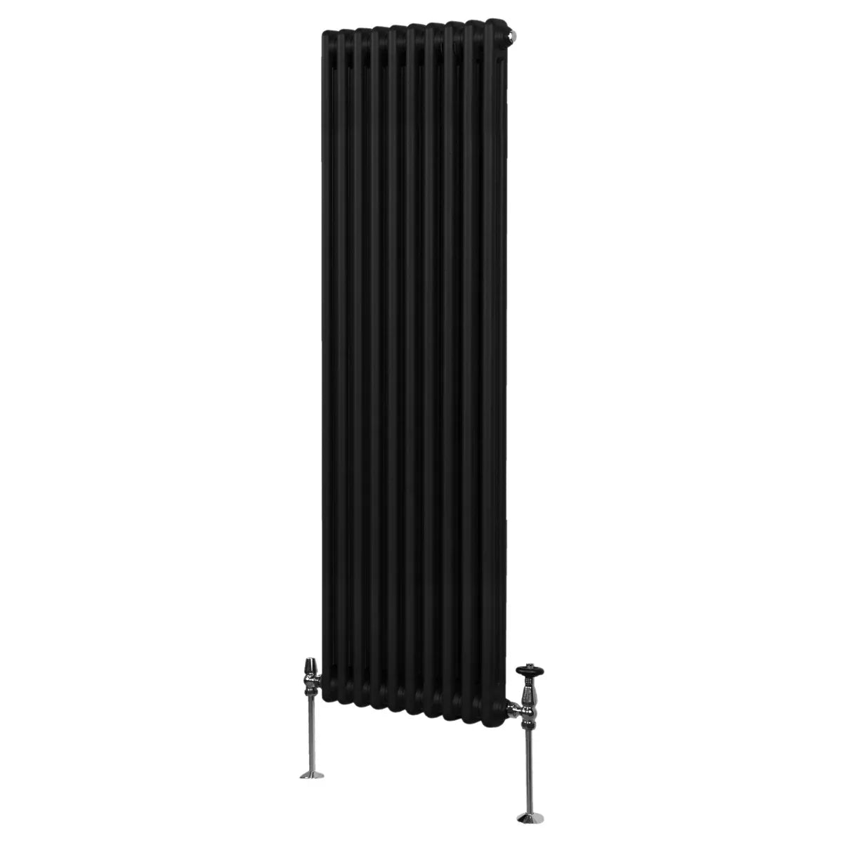 Traditional black 2 column radiator, 1800 x 472mm, featuring a sleek vertical design with smooth, matte finish and adjustable valves