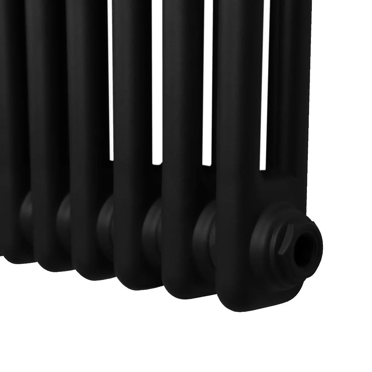 Traditional black 2 column radiator with a sleek matte finish, featuring a compact design and visible connection points for installation