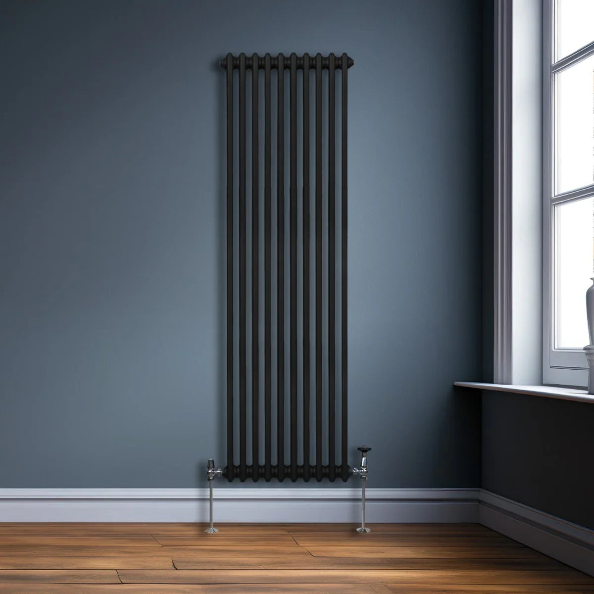 Traditional 2 column radiator in sleek black finish, 1800 x 472mm, mounted on a wall with stylish floor and window details