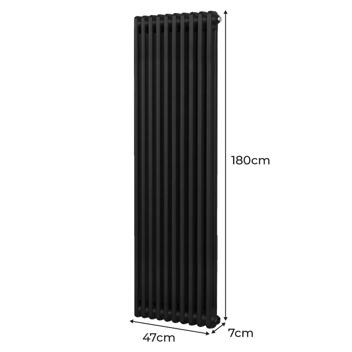 Traditional black 2 column radiator, 1800mm tall and 472mm wide, featuring a sleek vertical design and smooth texture
