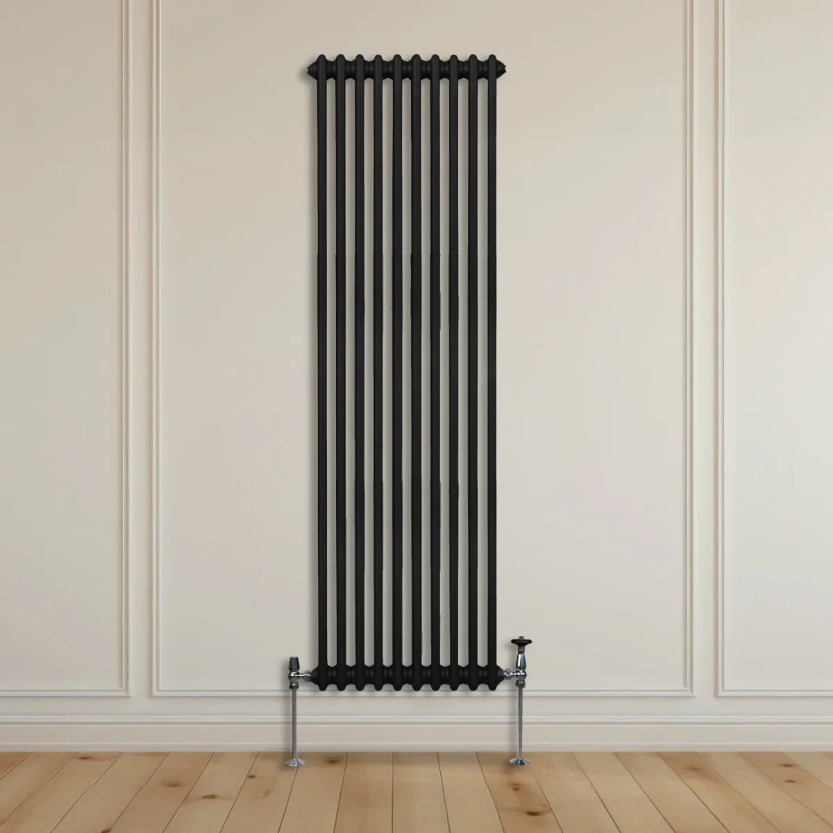 Traditional black 2 column radiator, 1800 x 472mm, featuring a sleek vertical design with polished chrome valves against a light wall