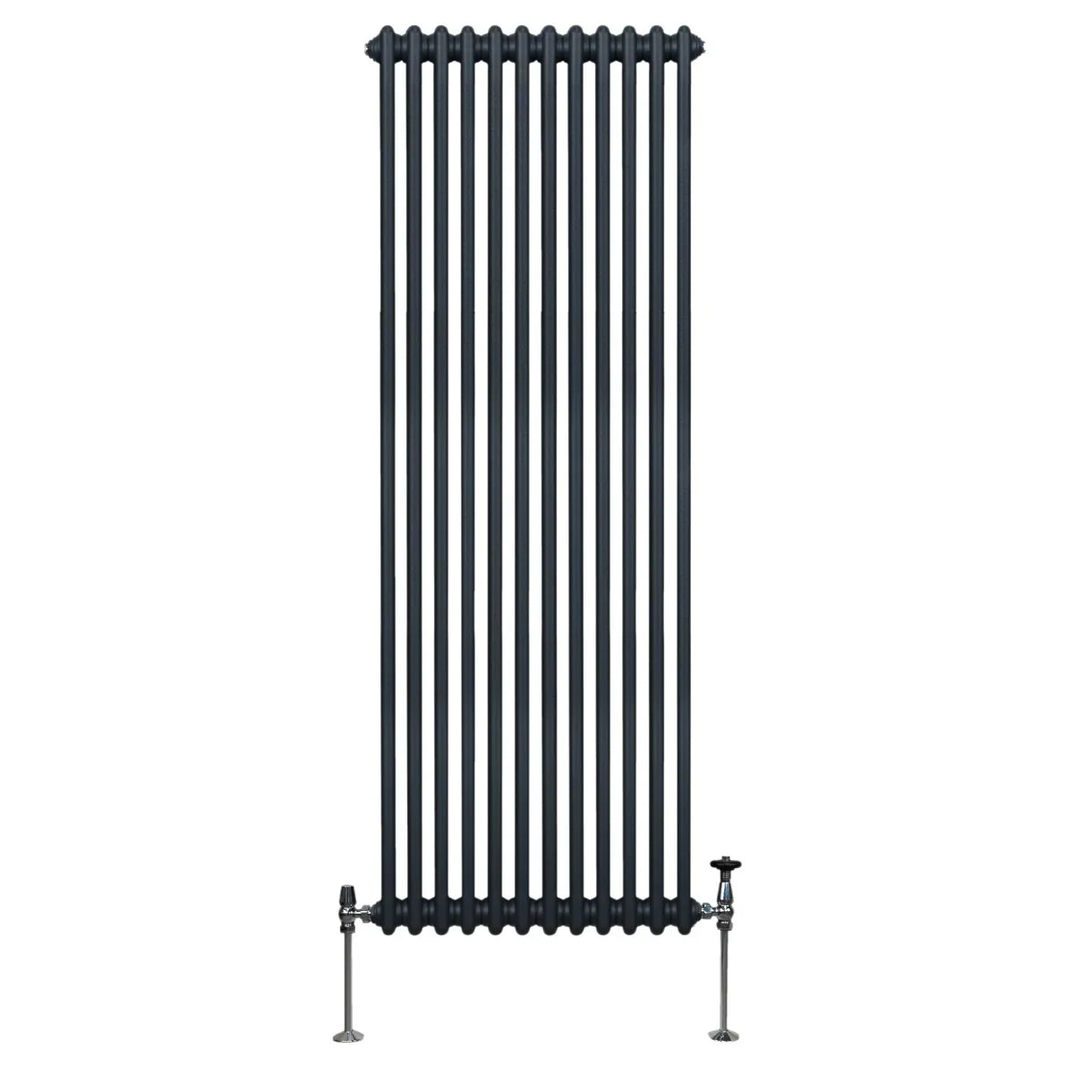Traditional 2 column radiator in anthracite grey, featuring vertical bars and a sleek, modern design, ideal for heating spaces