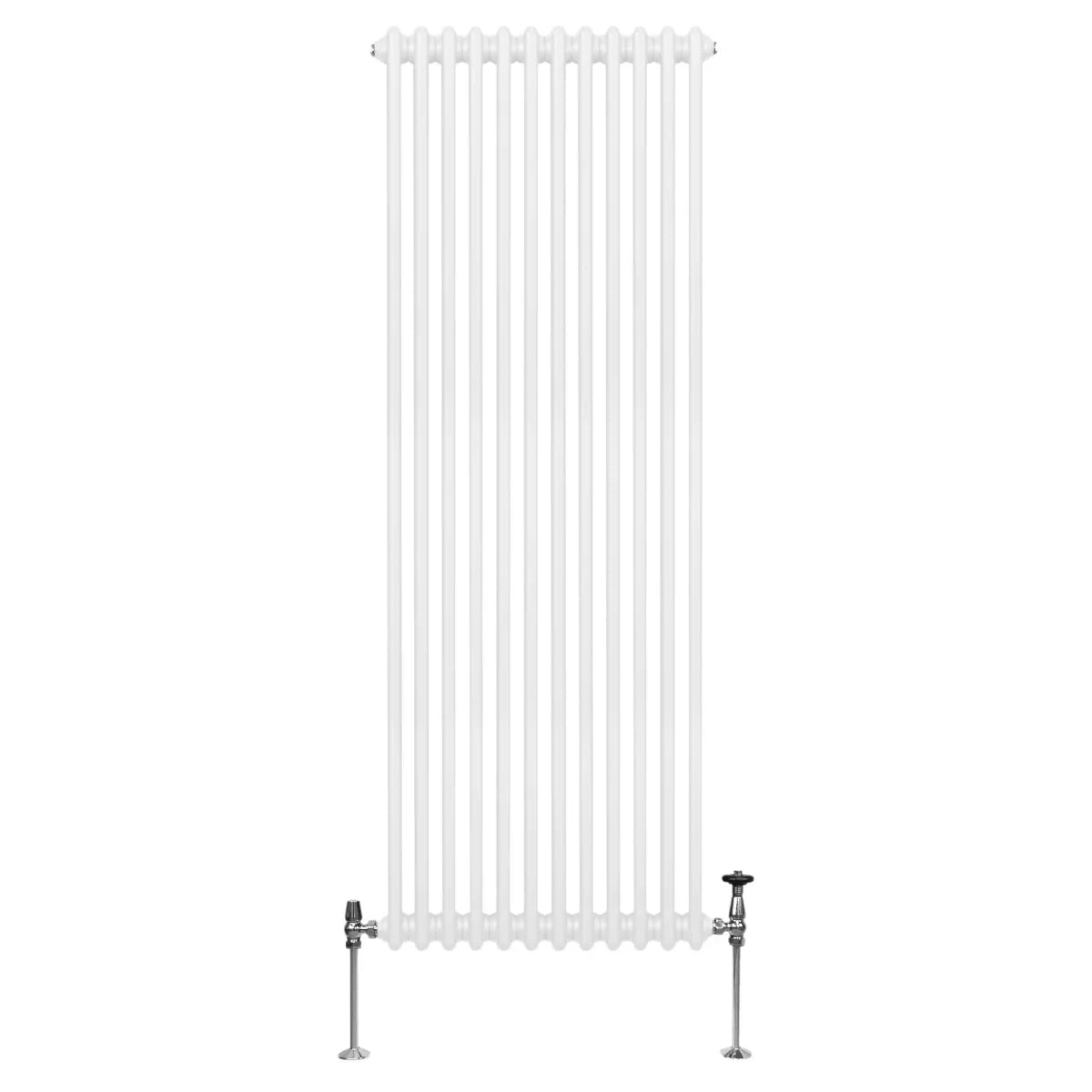 Traditional 2 column radiator in white, featuring a tall, slim design with smooth vertical bars and adjustable valves at the base