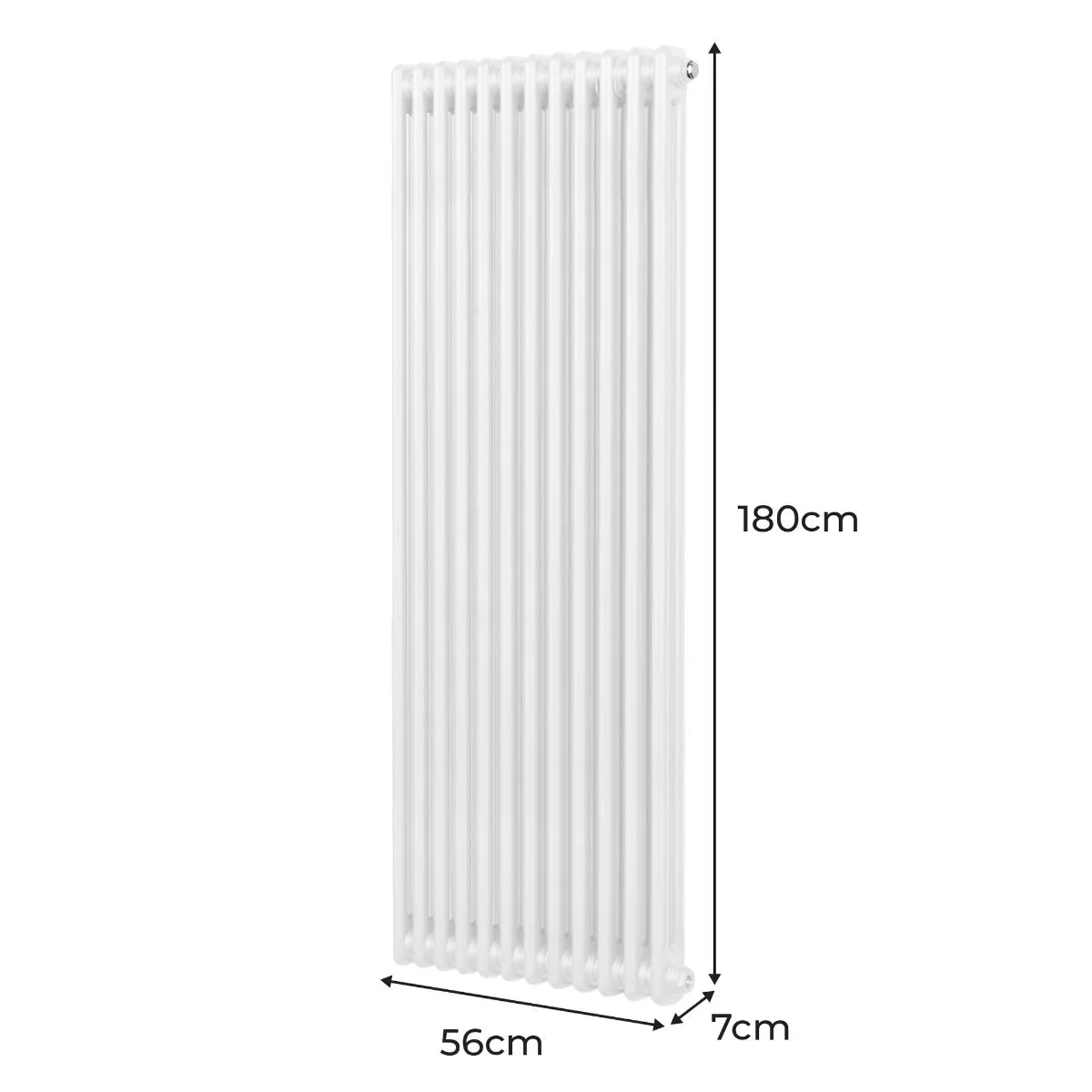Traditional white 2 column radiator, 1800 x 562mm, featuring a sleek vertical design with a smooth, glossy finish and rounded edges