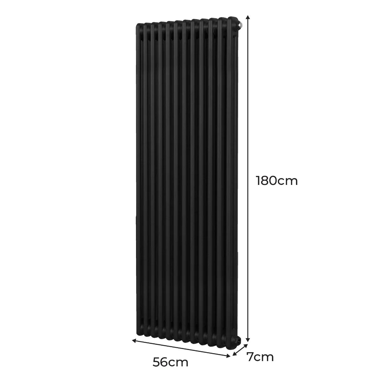 Traditional black 2 column radiator measuring 1800 x 562mm, featuring a sleek vertical design and smooth matte finish