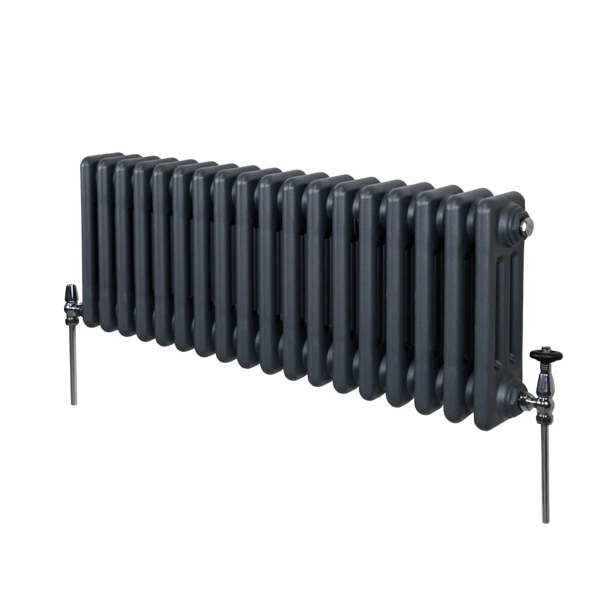 Traditional 3 column radiator in anthracite grey, featuring a sleek design with rounded edges and polished metal valves on each side