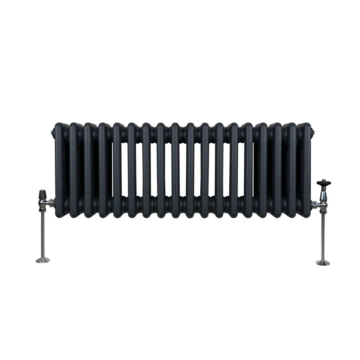 Traditional 3 column radiator in anthracite grey, featuring a sleek, ribbed design and sturdy metal legs for stability
