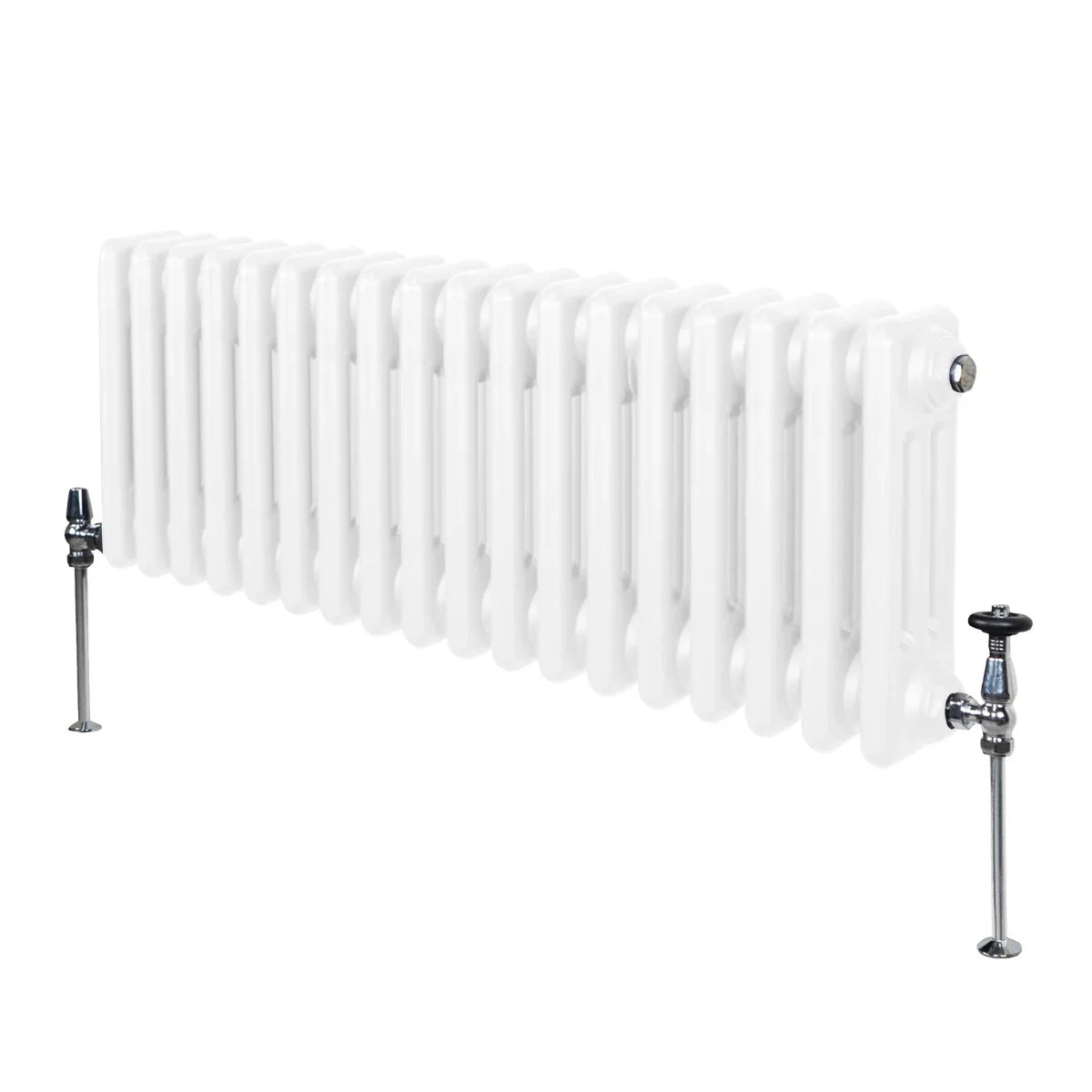 Traditional white 3 column radiator measuring 300 x 832mm, featuring a smooth finish and sturdy metal construction with visible valves