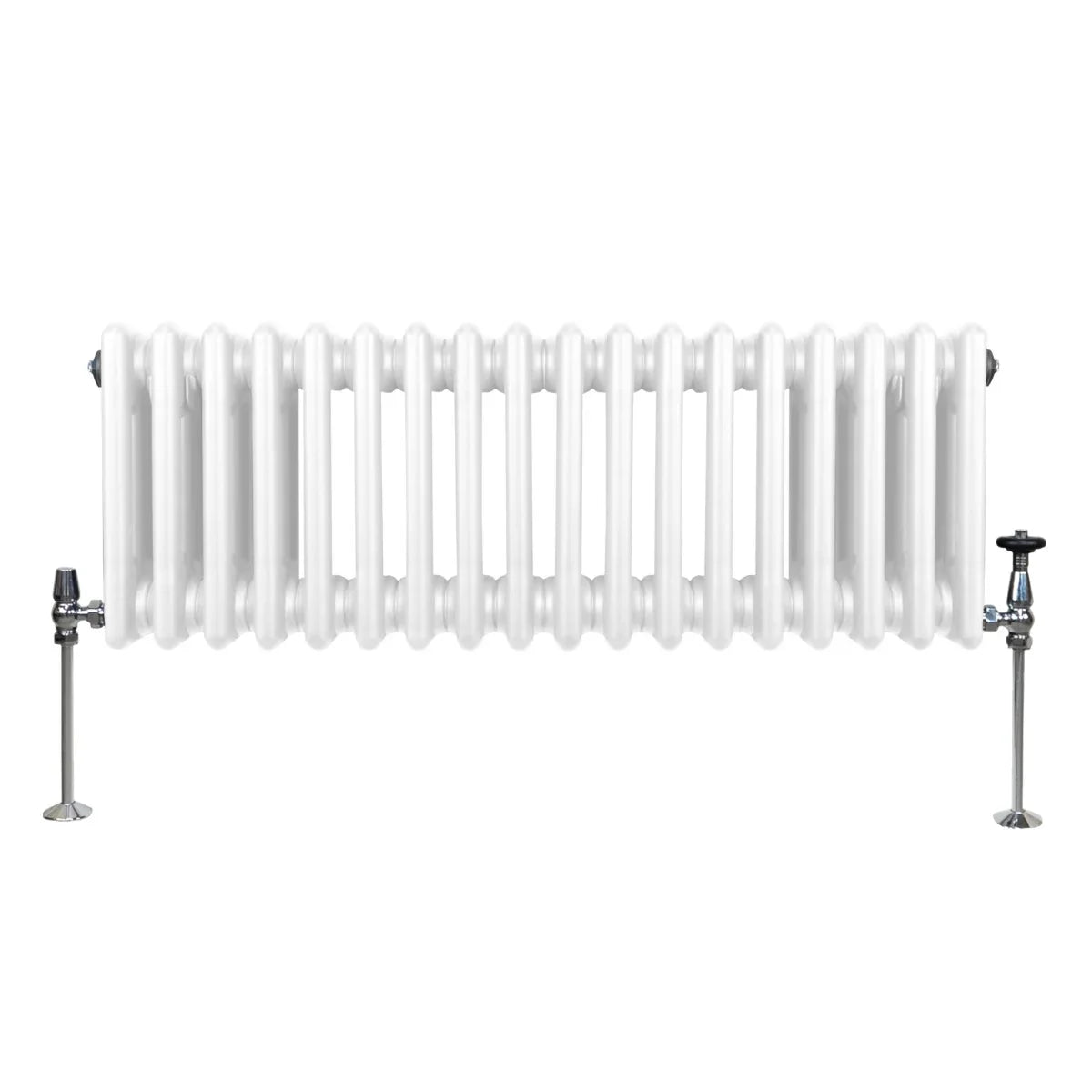 Traditional 3 column radiator in white, 300 x 832mm, featuring smooth rounded edges and sturdy metal construction with side valves