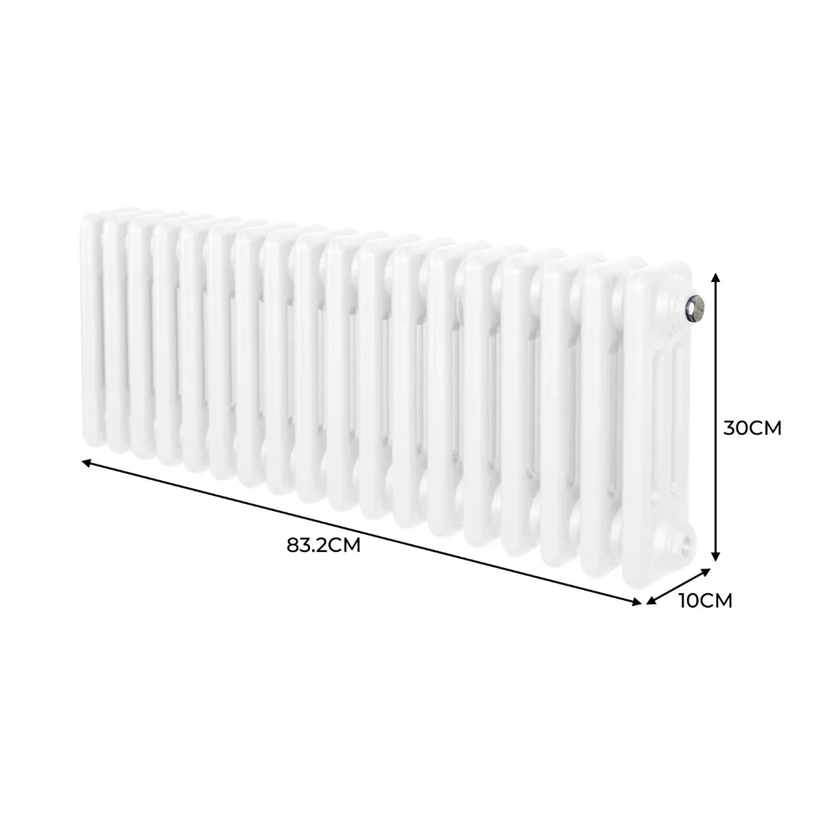 Traditional white 3 column radiator measuring 300mm high and 832mm wide, featuring a smooth, glossy finish and rounded edges