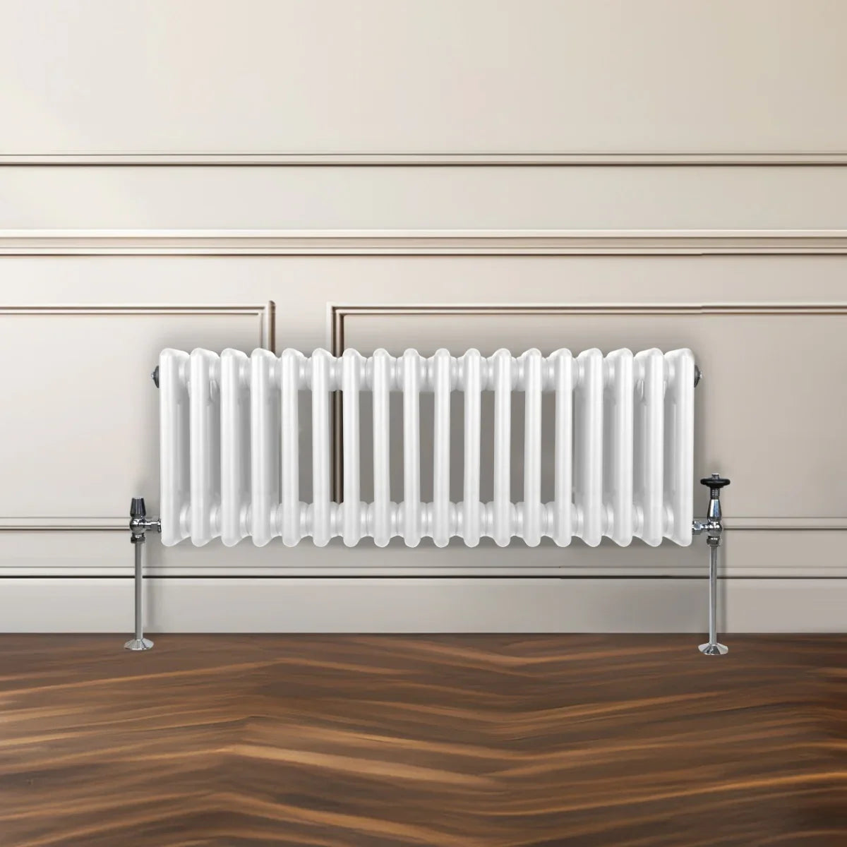 Traditional white 3 column radiator, 300 x 832mm, featuring a glossy finish and sleek design, mounted on a wooden floor against a neutral wall