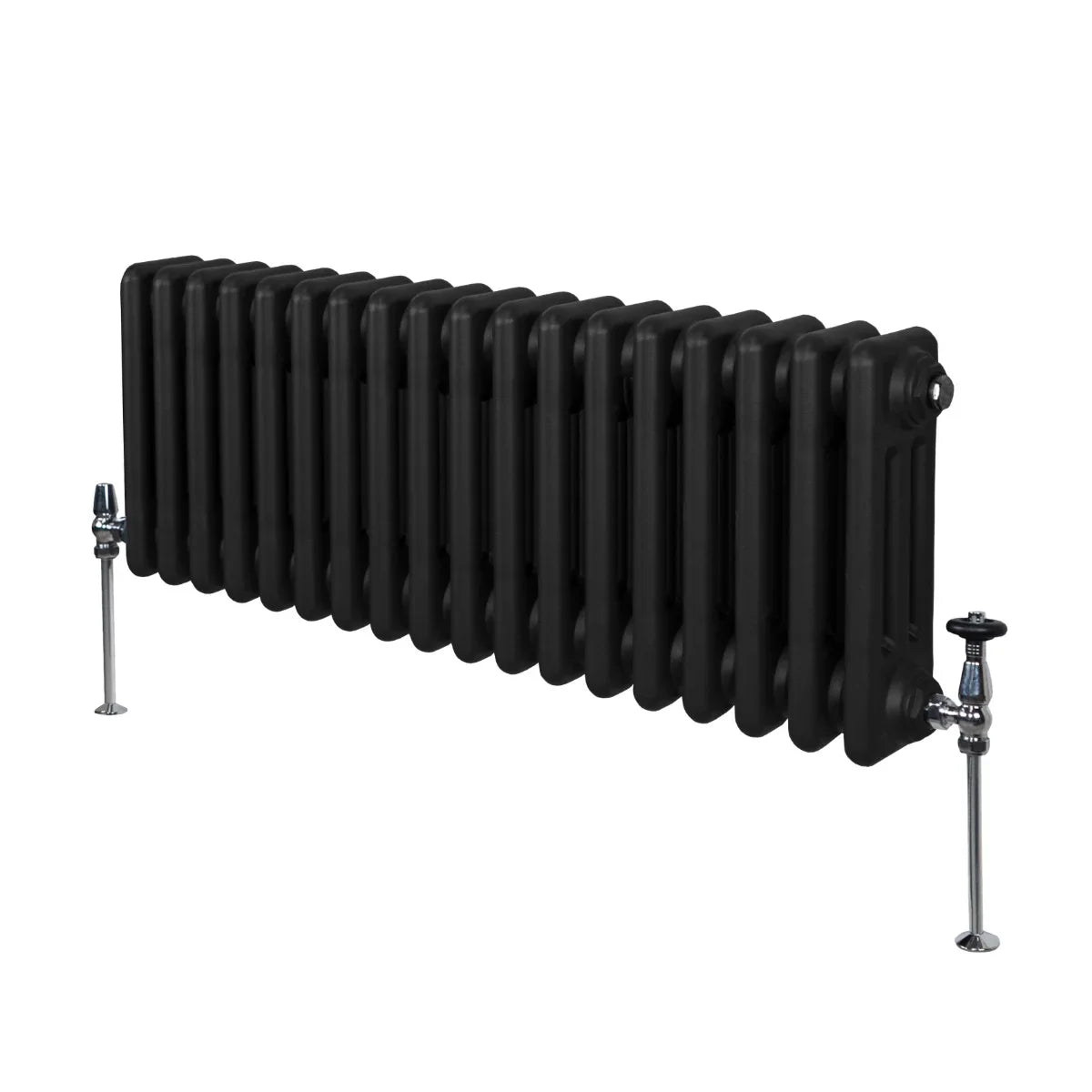 Traditional black 3 column radiator, 300 x 832mm, featuring a sleek design with a smooth finish and visible connection valves