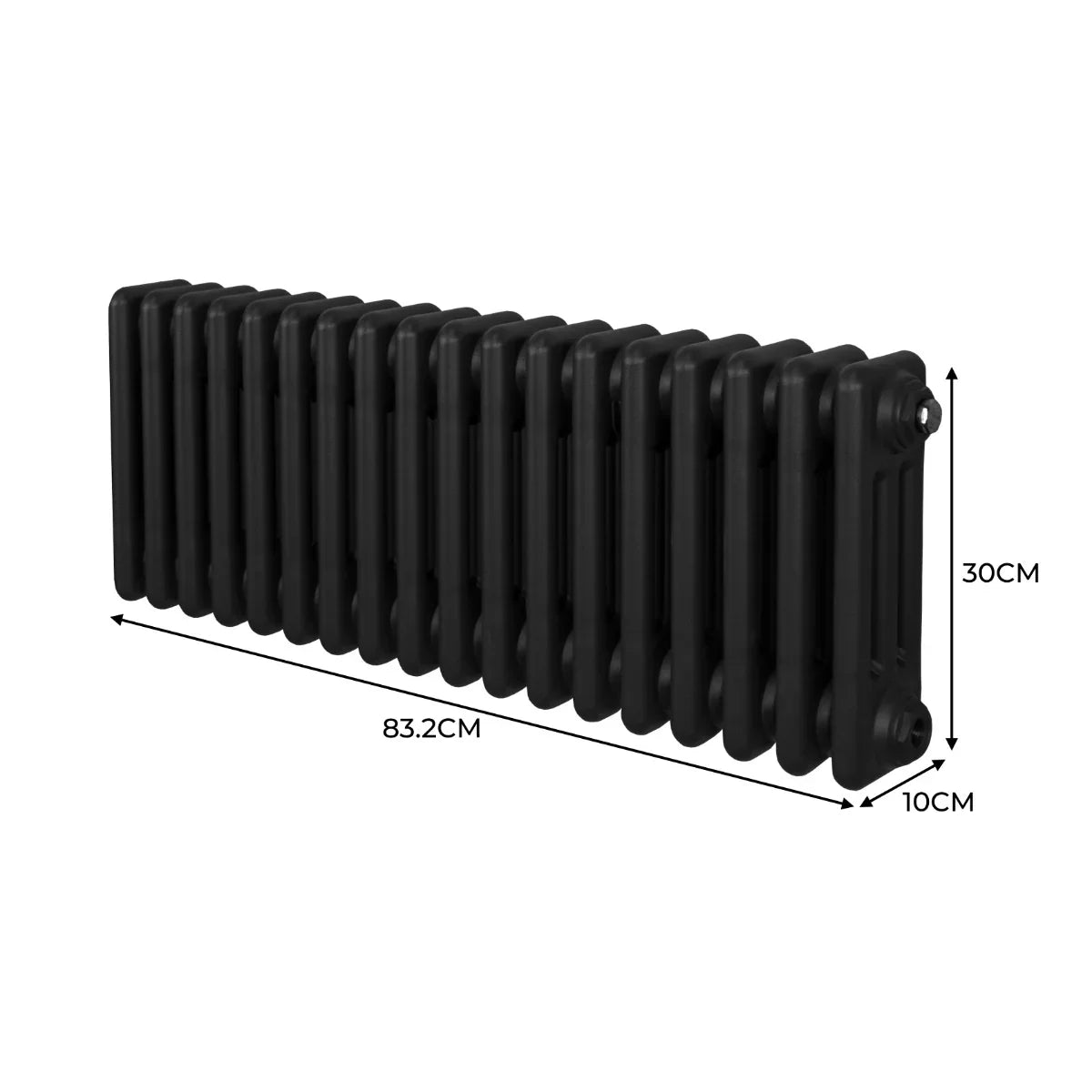 Traditional black 3 column radiator measuring 300 x 832mm, featuring a sleek, smooth finish and a compact design for efficient heating