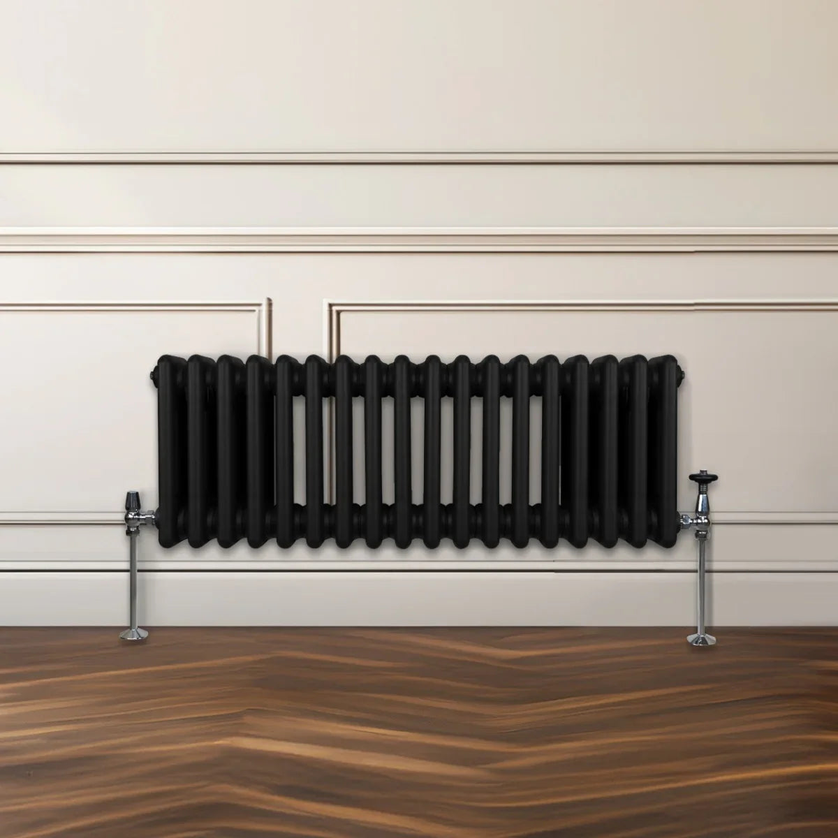 Traditional black 3 column radiator, 300 x 832mm, featuring a sleek design with smooth, glossy finish and sturdy metal fittings against a wooden floor
