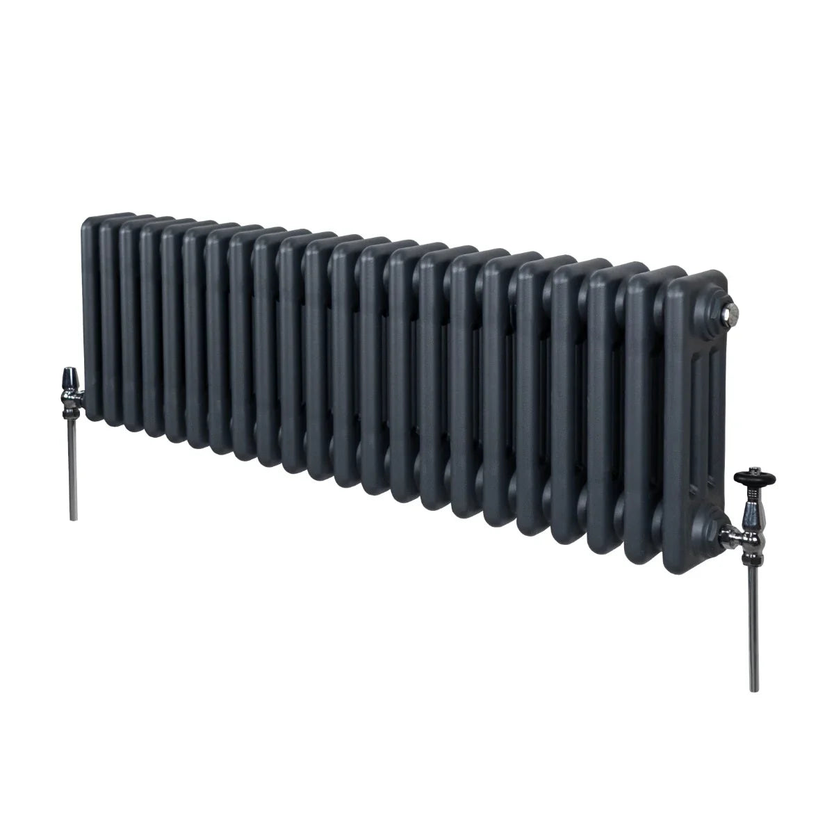 Traditional 3 column radiator in anthracite grey, featuring a sleek, modern design with a smooth finish and sturdy valves