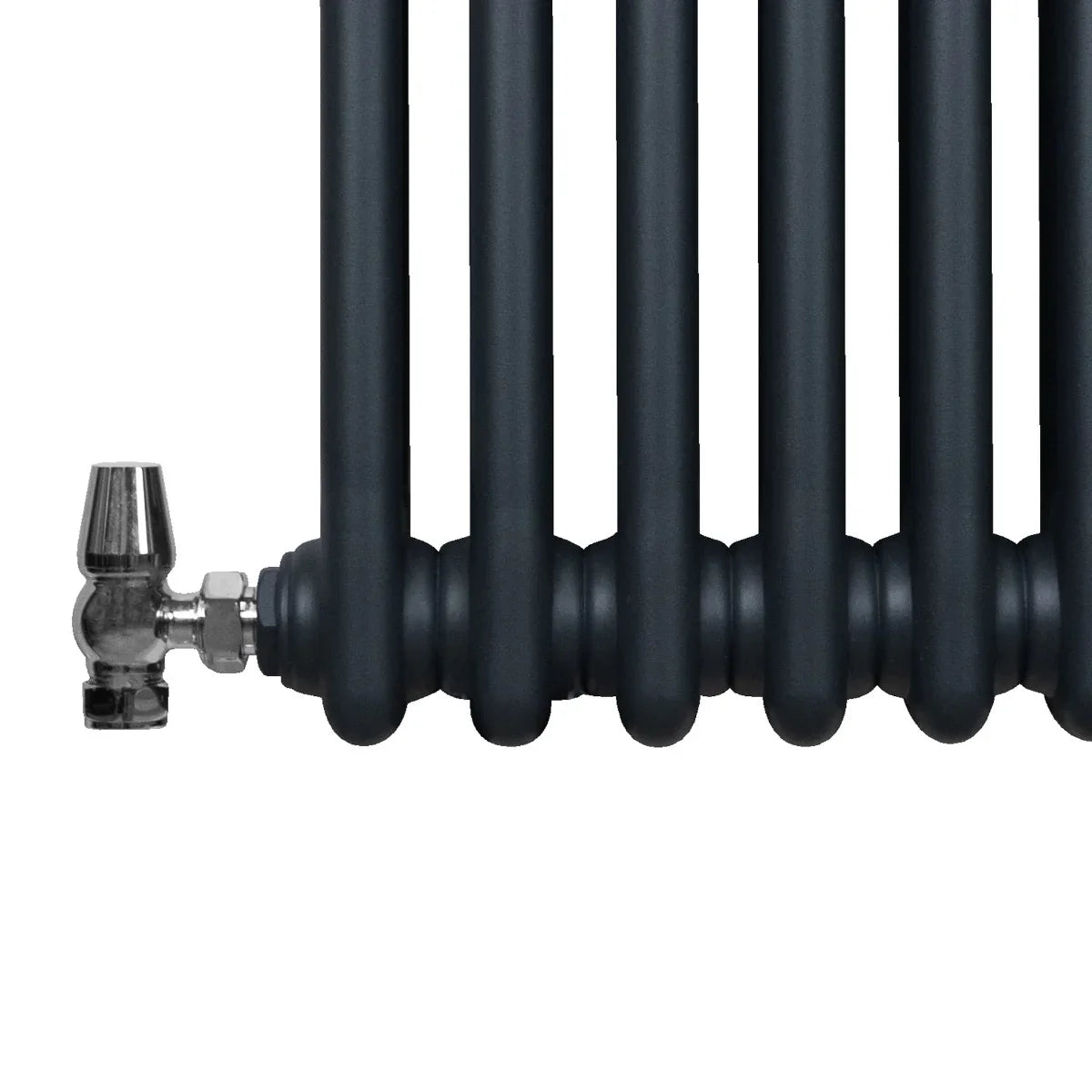Traditional anthracite grey 3 column radiator with smooth, rounded edges and a polished valve, ideal for modern interiors