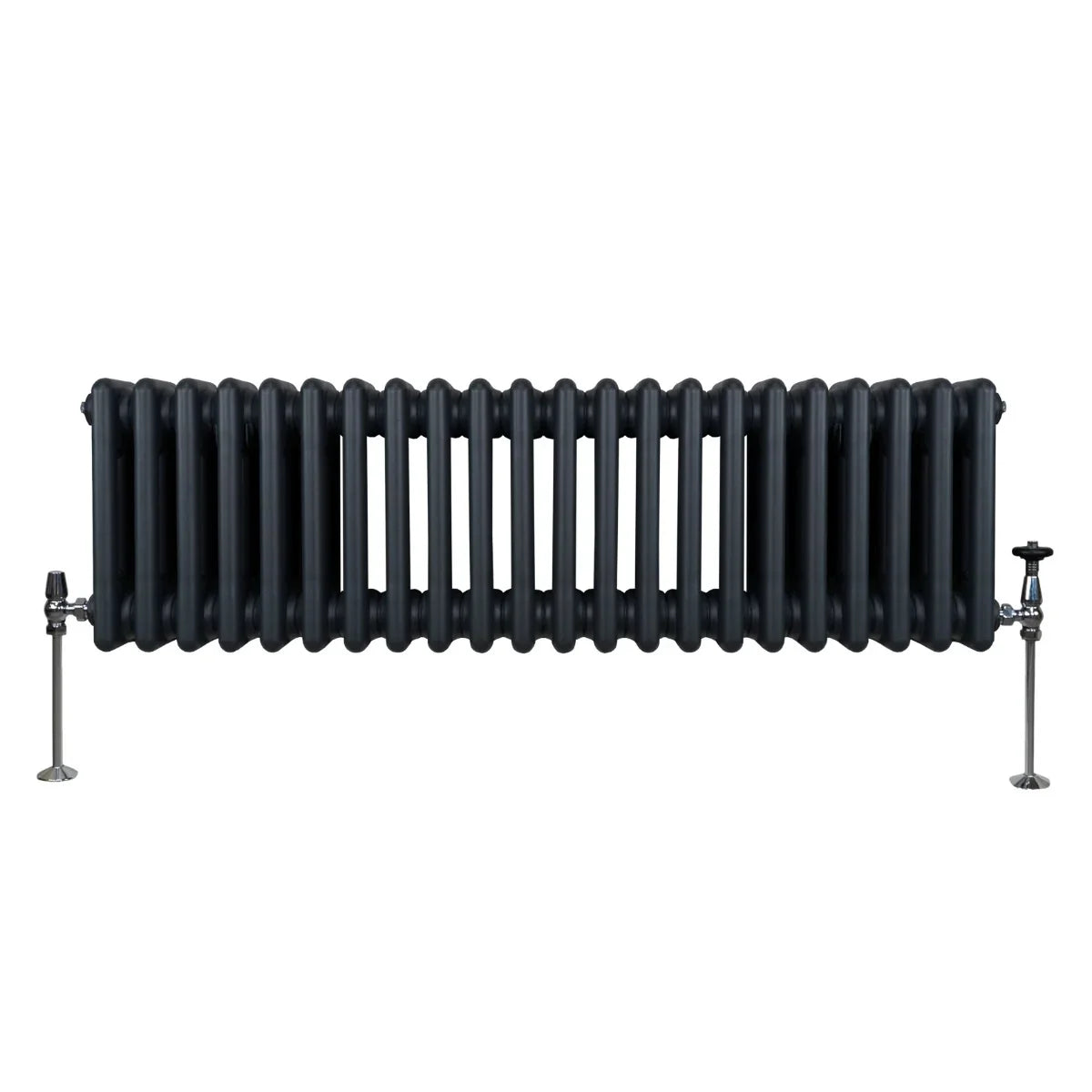 Traditional 3 column radiator in anthracite grey, featuring a sleek, ribbed design and sturdy metal legs for stability