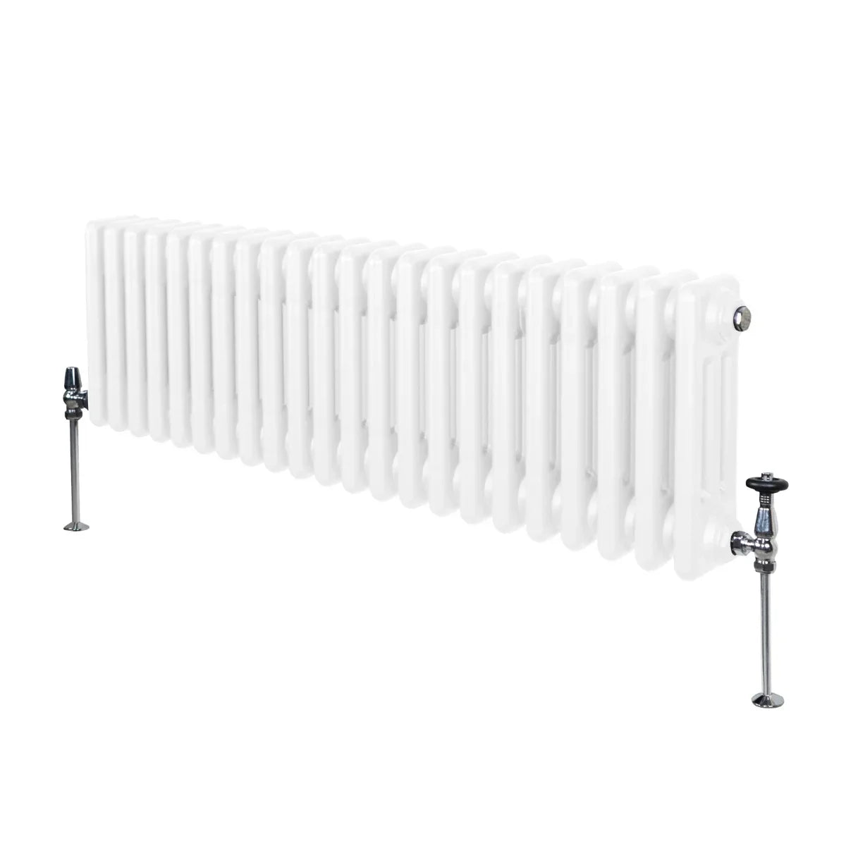 Traditional white 3 column radiator, 300 x 1012mm, featuring a smooth finish and sturdy metal construction with visible valves
