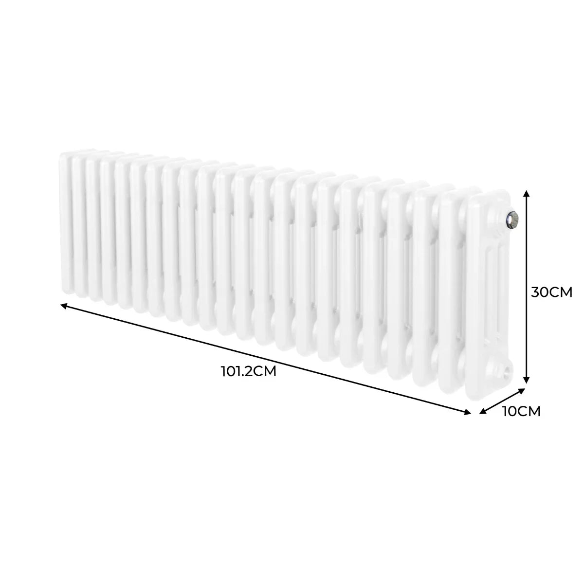 Traditional white 3 column radiator measuring 300mm high and 1012mm wide, featuring a smooth, glossy finish and classic design