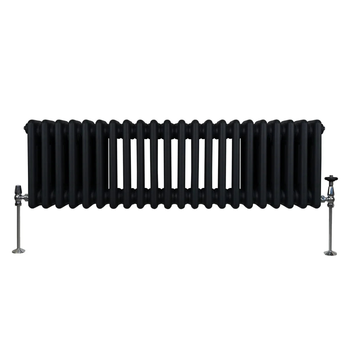 Traditional black 3 column radiator, 300 x 1012mm, featuring a sleek, ribbed design and polished metal valves on each side