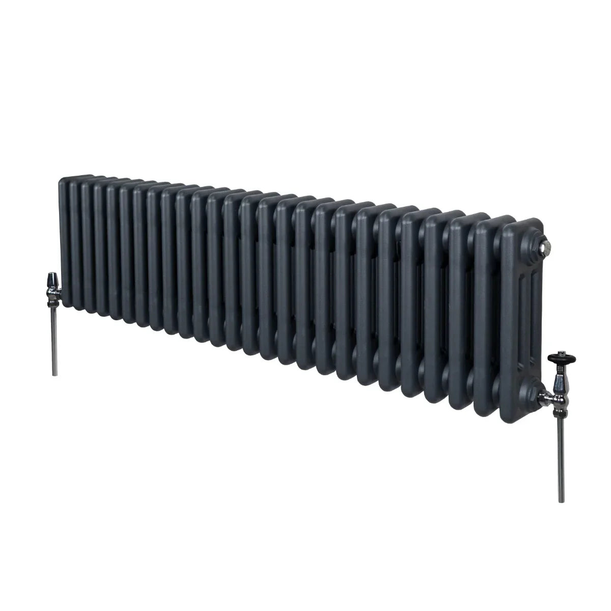 Traditional 3 column radiator in anthracite grey, featuring a sleek, elongated design with a smooth, matte finish and adjustable valves