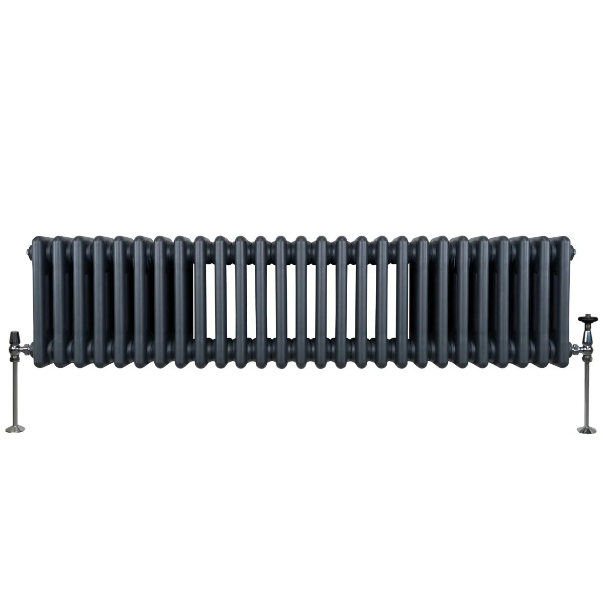 Traditional 3 column radiator in anthracite grey, featuring a sleek, elongated design with a smooth, matte finish and sturdy feet