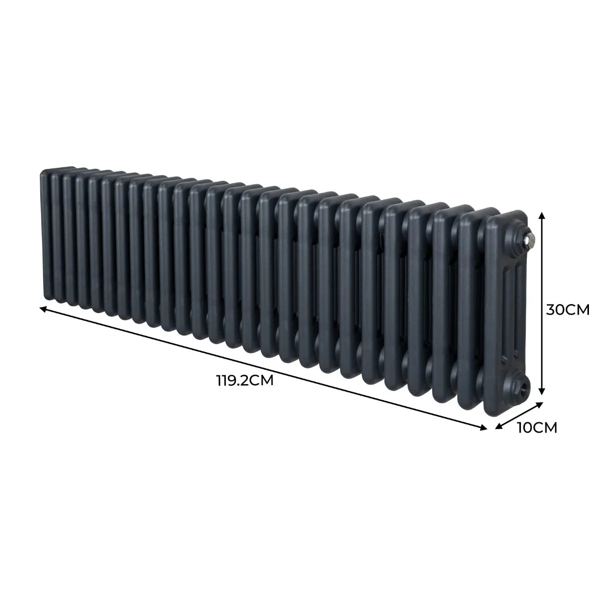 Traditional 3 column radiator in anthracite grey, measuring 300 x 1192mm, featuring a sleek, modern design with smooth, rounded edges