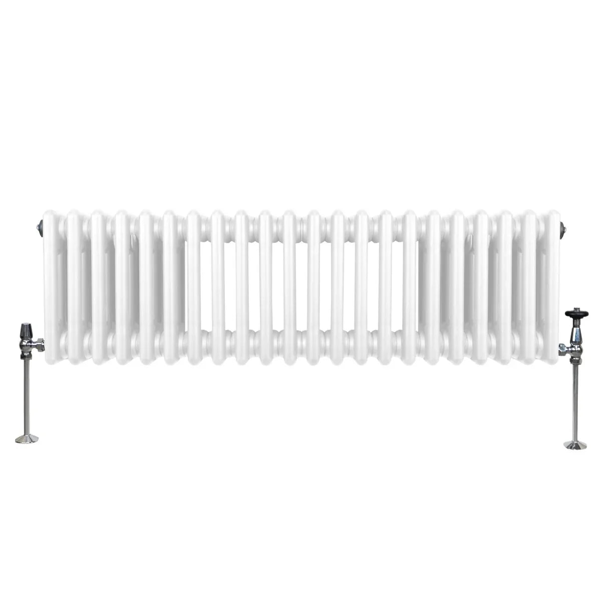 Traditional 3 column radiator in white, featuring a smooth, glossy finish with rounded edges and adjustable valves on both sides