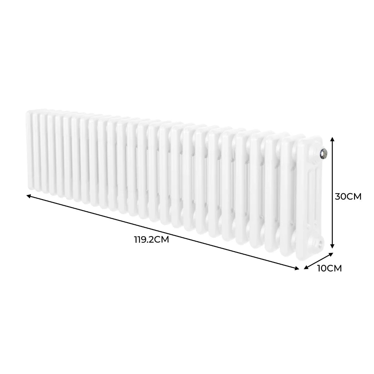 Traditional 3 column radiator in white, measuring 300 x 1192mm, featuring a sleek, smooth finish and elongated design for efficient heating