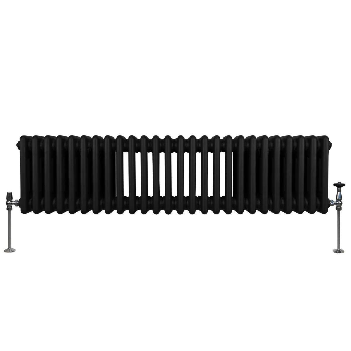 Traditional black 3 column radiator, 300 x 1192mm, featuring a sleek, smooth finish and sturdy metal construction with visible valves