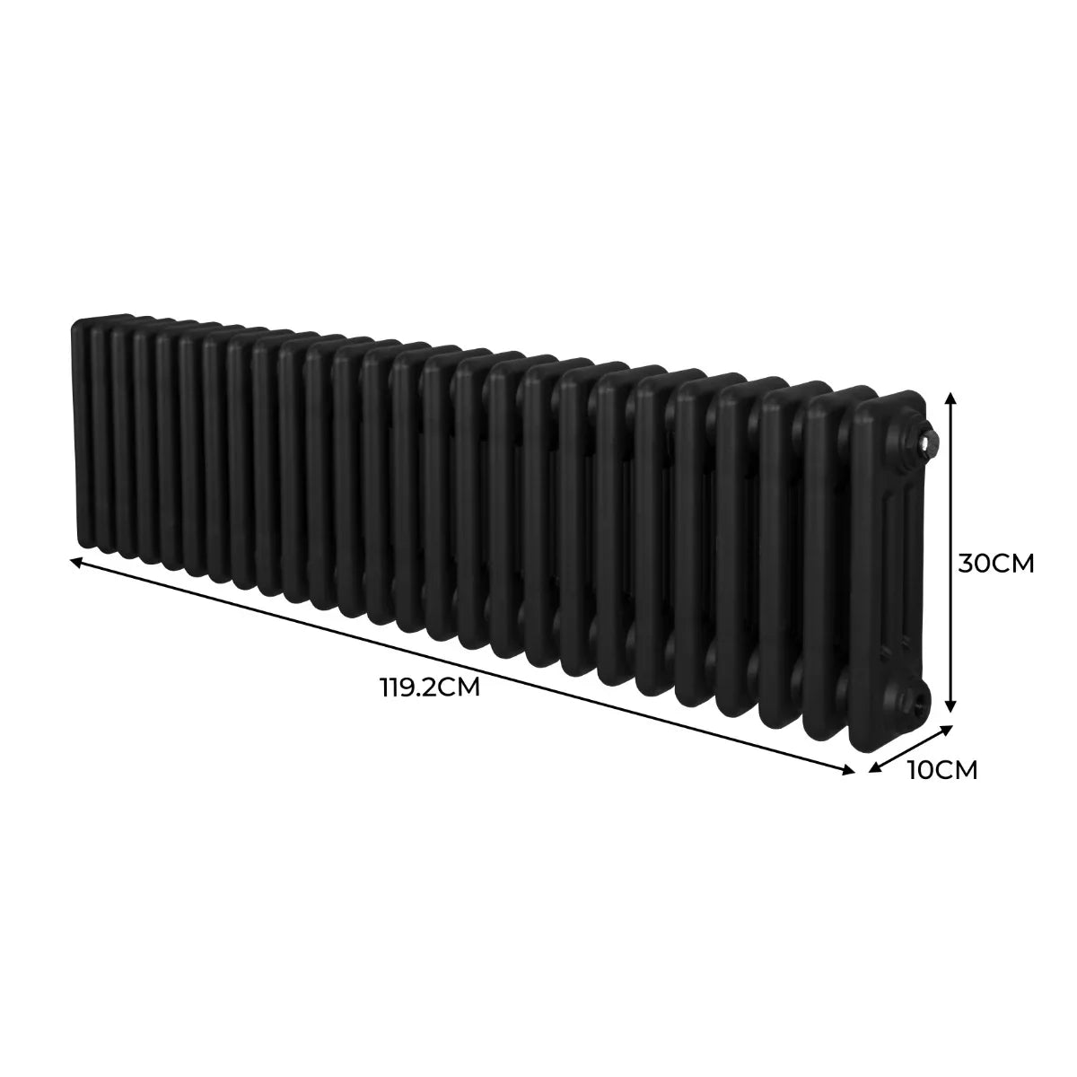 Traditional black 3 column radiator, 300mm high and 1192mm long, featuring a sleek, smooth finish and classic design