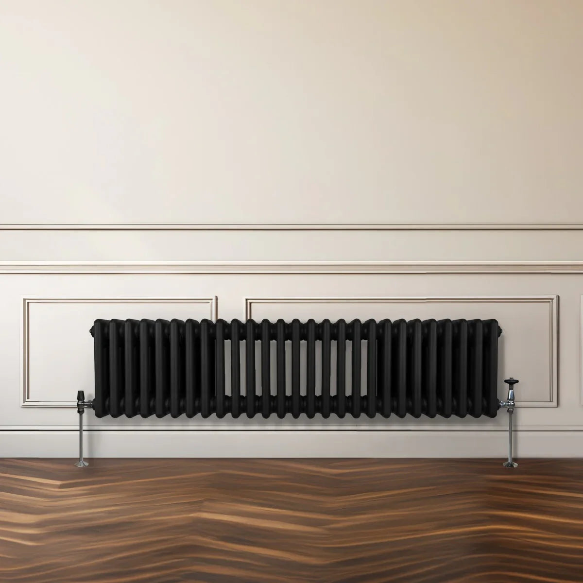 Traditional black 3 column radiator, 300 x 1192mm, featuring a sleek design with a glossy finish, mounted against a light wall