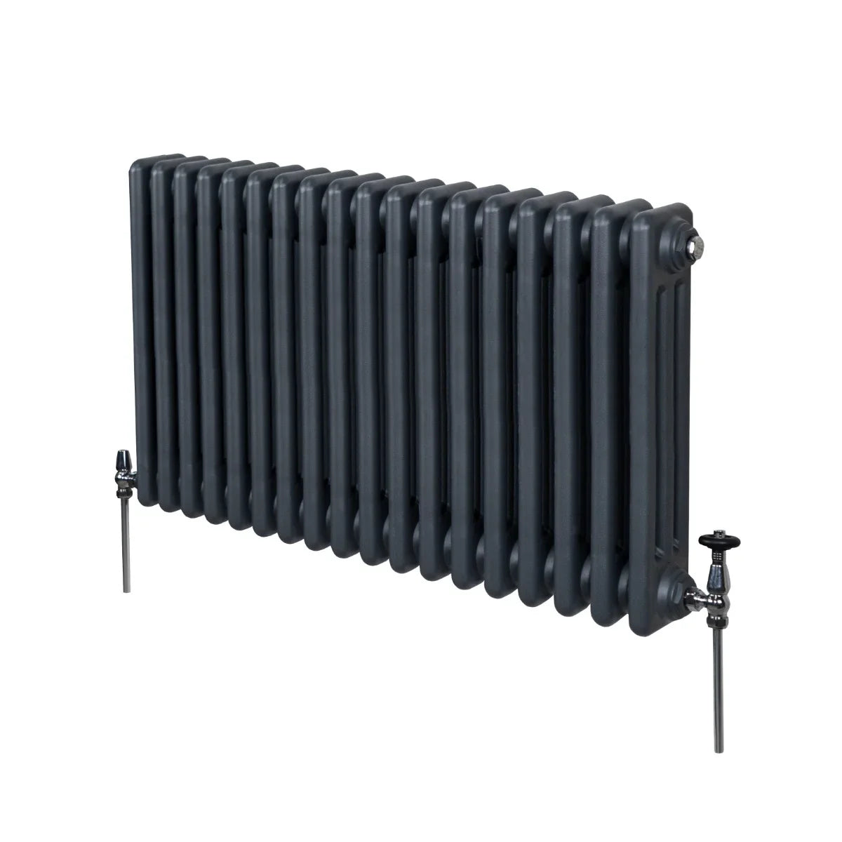 Traditional 3 column radiator in anthracite grey, featuring a sleek, ribbed design with two side valves for easy installation