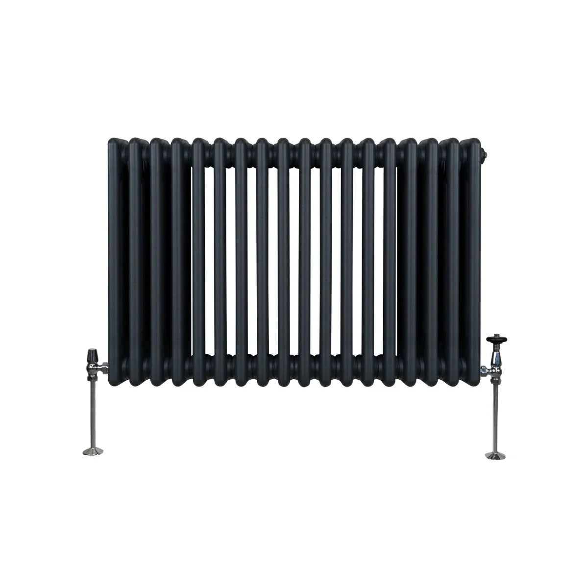Traditional 3 column radiator in anthracite grey, featuring a sleek design with rounded edges and polished metal valves on both sides