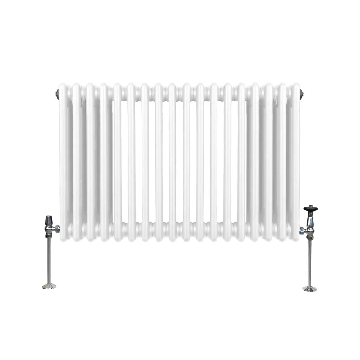 Traditional 3 column radiator in white, featuring smooth, rounded tubes and polished metal valves on each side for easy installation