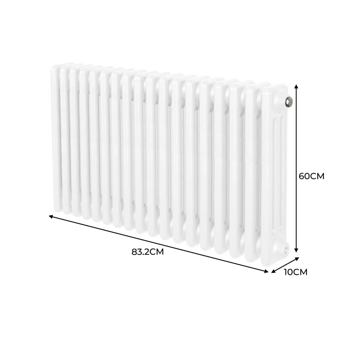 Traditional white 3 column radiator measuring 600mm high and 832mm wide, featuring a smooth, glossy finish and classic design