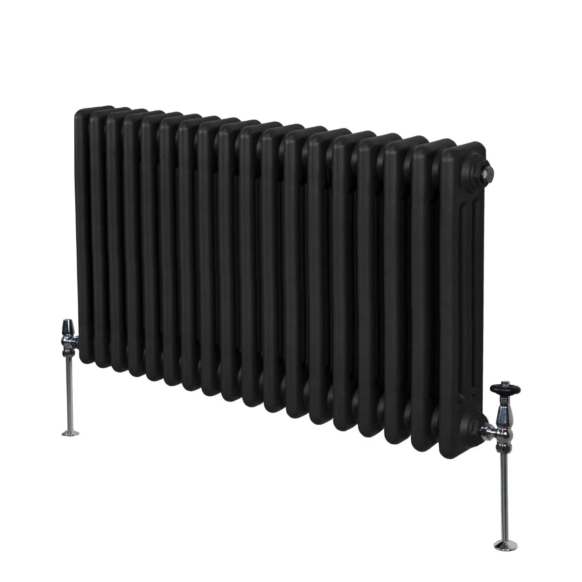 Traditional black 3 column radiator, 600 x 832mm, featuring a smooth finish and sturdy legs, ideal for vintage or modern interiors