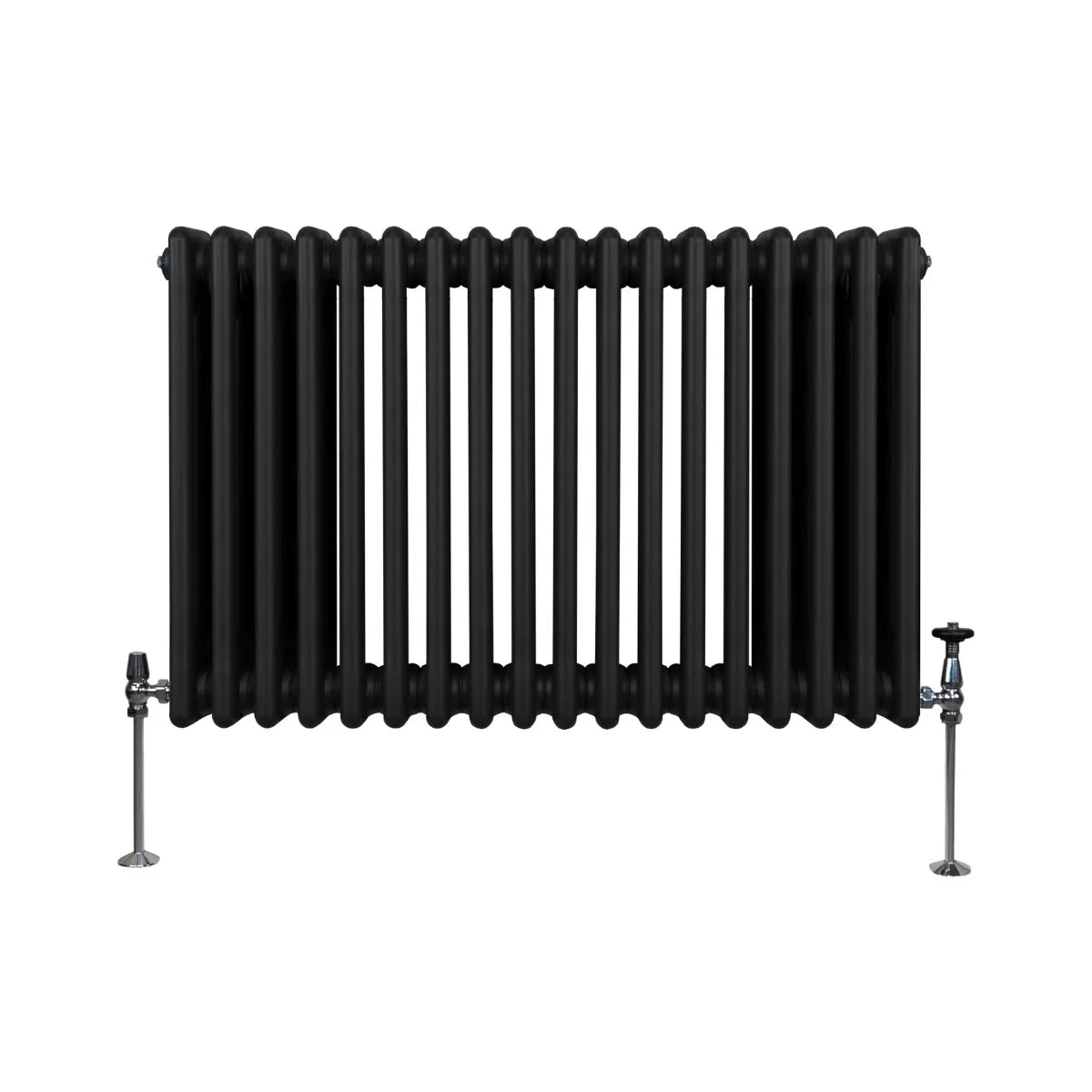 Traditional black 3 column radiator, 600 x 832mm, featuring a sleek, ribbed design with polished valves and a modern aesthetic