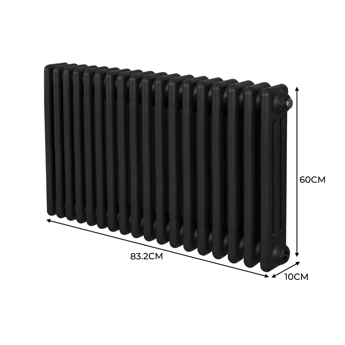 Traditional black 3 column radiator measuring 600 x 832mm, featuring a sleek design with a smooth, matte finish and rounded edges