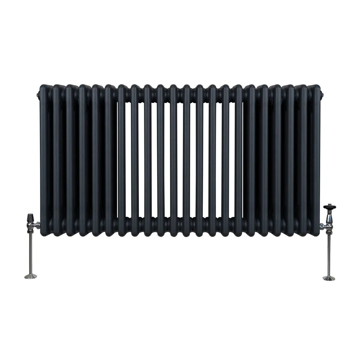 Traditional 3 column radiator in anthracite grey, featuring a sleek, curved design with vertical fins and polished valves
