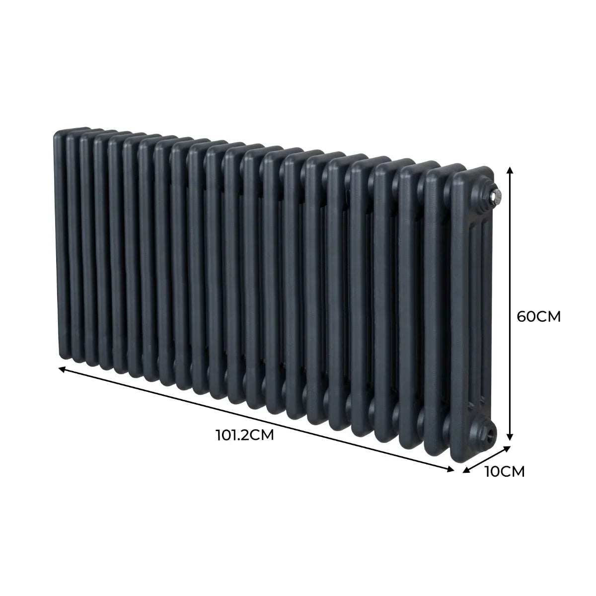 Traditional anthracite grey 3 column radiator, 600mm high and 1012mm wide, featuring a sleek, modern design with rounded edges