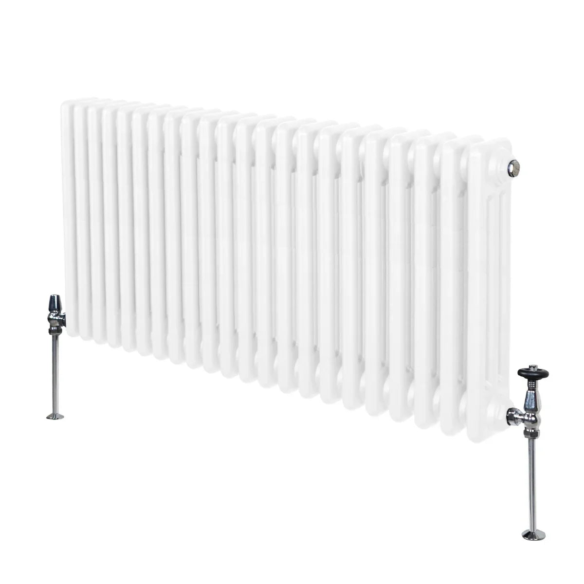 Traditional 3 column radiator in white, 600 x 1012mm, featuring a smooth, glossy finish and sturdy metal construction with visible valves