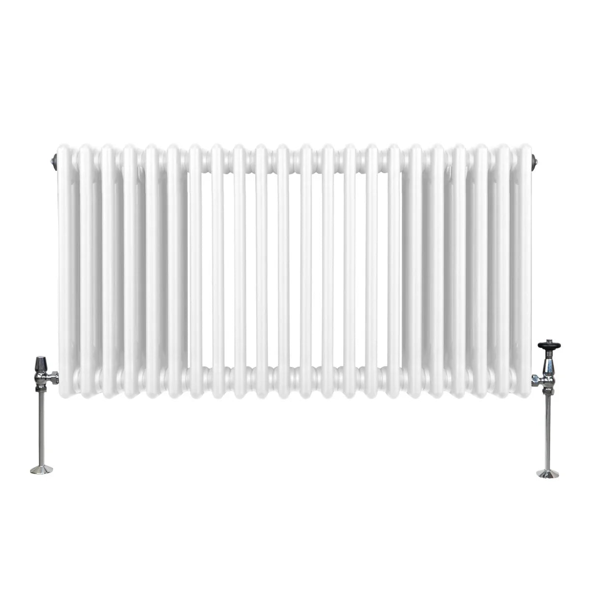 Traditional 3 column radiator in white, featuring a sleek design with rounded edges and sturdy metal valves on both sides
