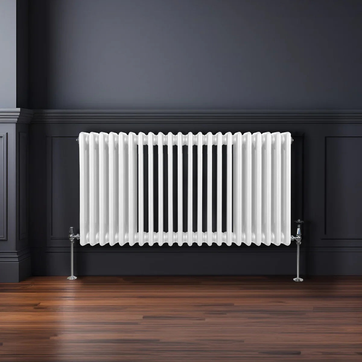 Traditional 3 column radiator in white, featuring a sleek design with vertical fins, mounted on a dark wall above wooden flooring