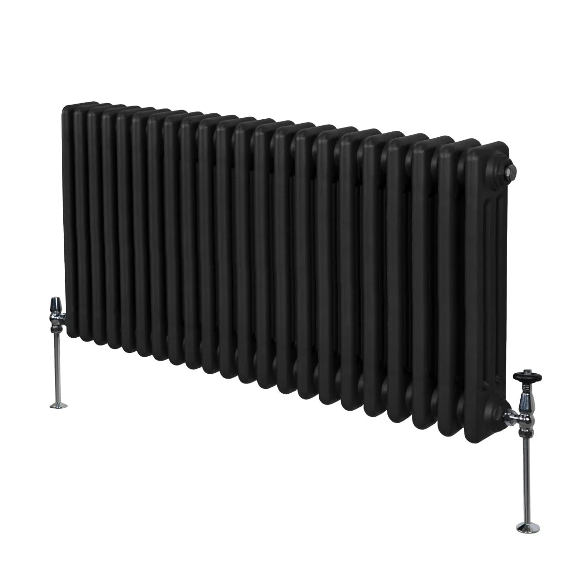 Traditional black 3 column radiator, 600 x 1012mm, featuring a smooth finish and sturdy legs for stable installation