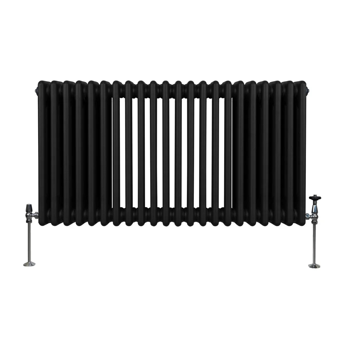 Traditional black 3 column radiator, 600 x 1012mm, featuring a sleek, curved design with smooth, glossy finish and sturdy side valves